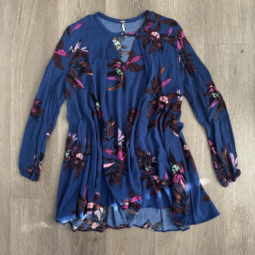 Free People Tree Swing Tunic Small Blue Floral Boho Flowy Long Sleeve